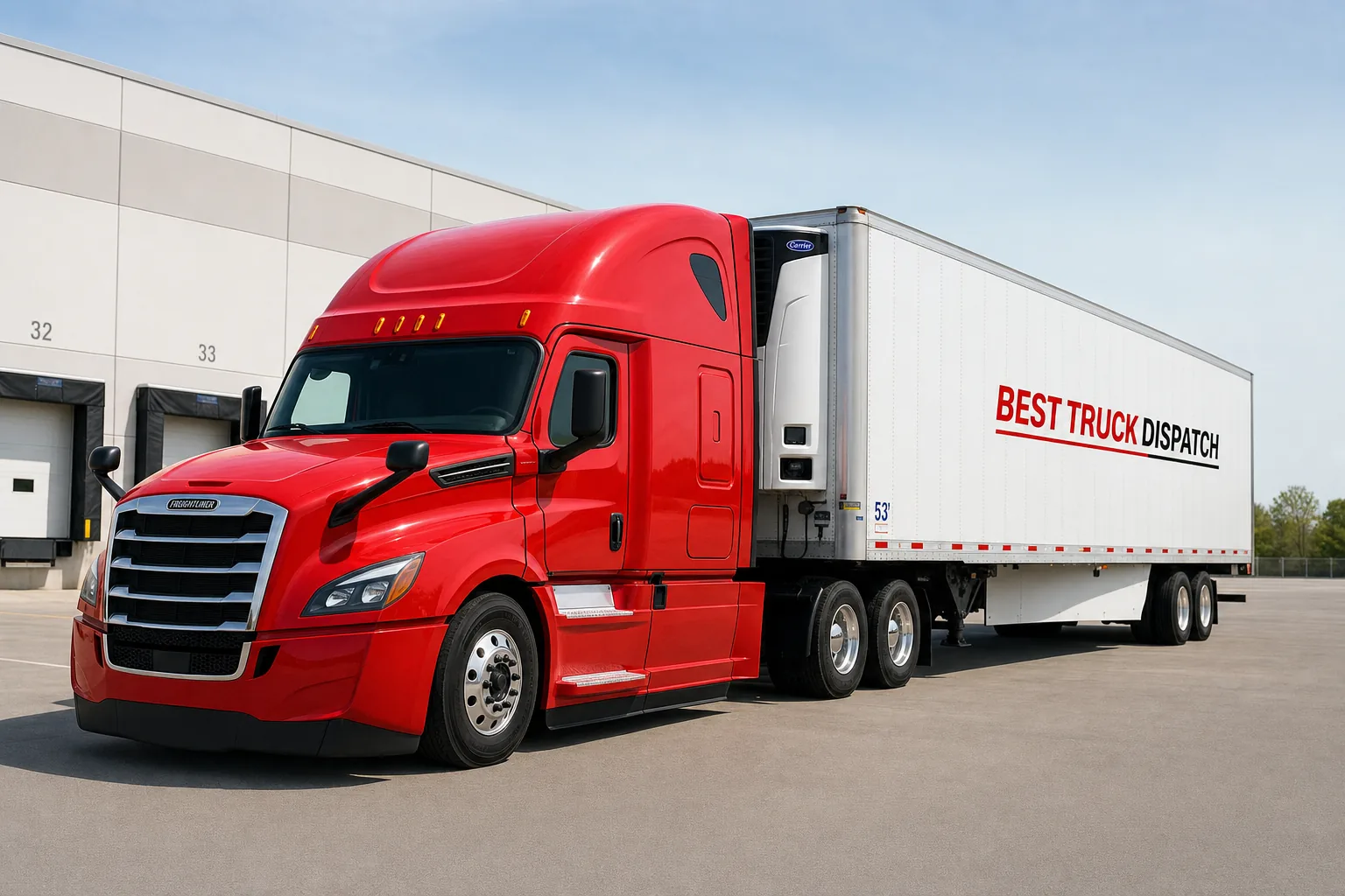 Solid red Freightliner Cascadia pulling a refrigerated reefer trailer at a distribution center